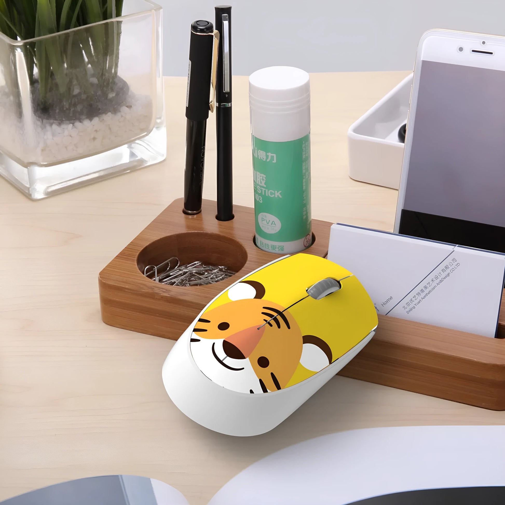 Wireless cartoon animal mini mouse showing compact dimensions and colourful design options including yellow tiger and blue rabbit variations