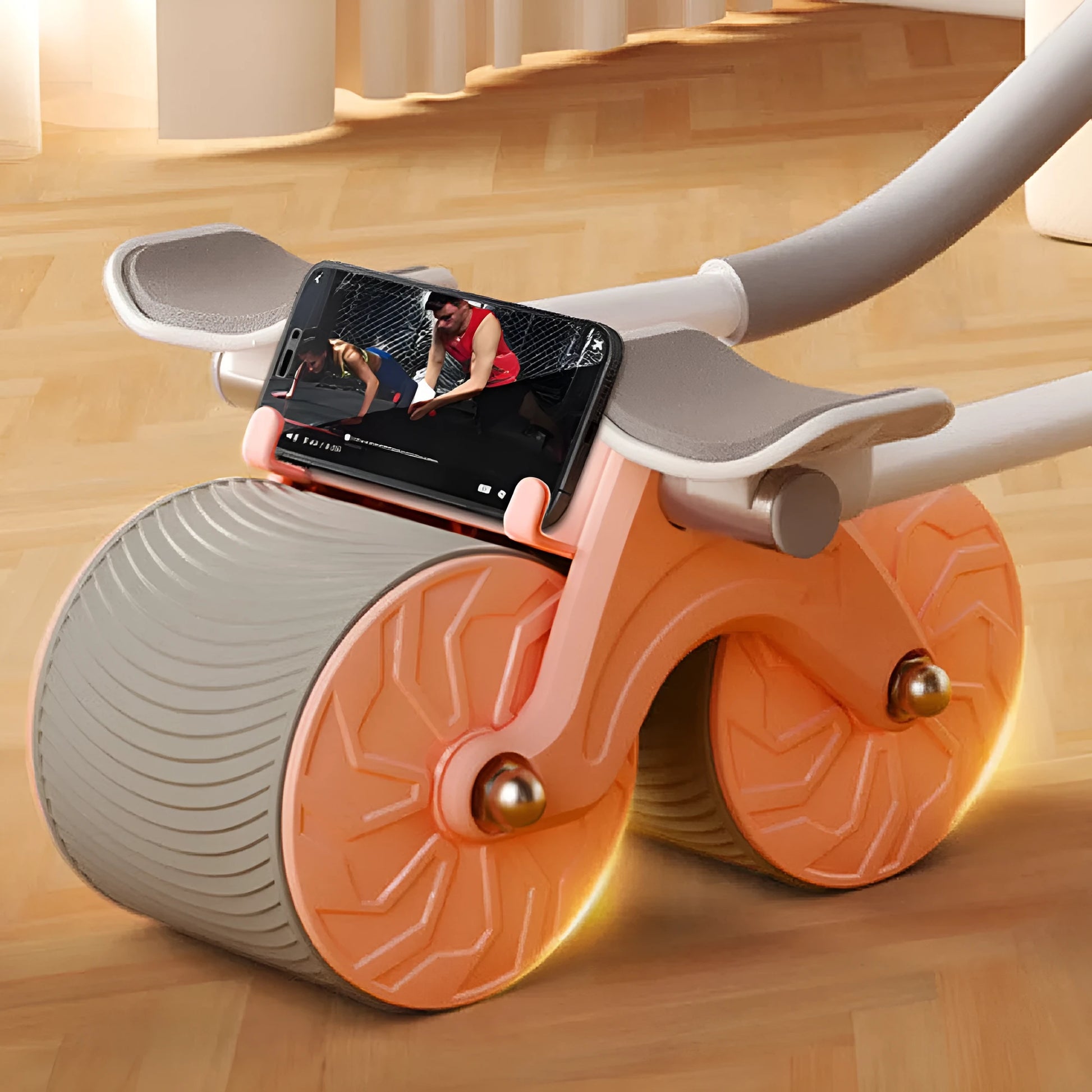 Black abdominal exercise wheel with automatic rebound function alongside red and black NBR yoga mat