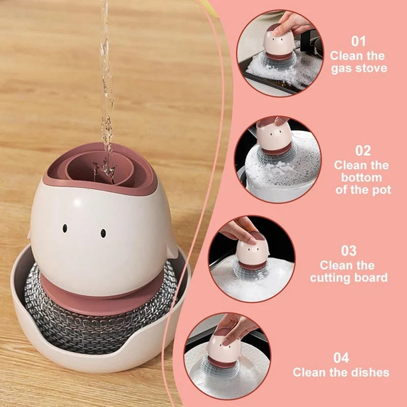 Automatic liquid filling dishwashing brush in cute chicken design with replaceable head