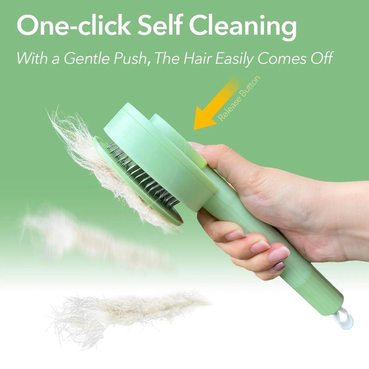 Green and yellow pet grooming brush with stainless steel needles measuring 17.5x8cm