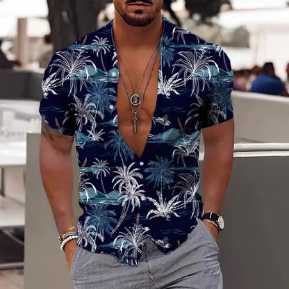 Men's loose fit short sleeve shirt with a colourful floral pattern, cardigan style.