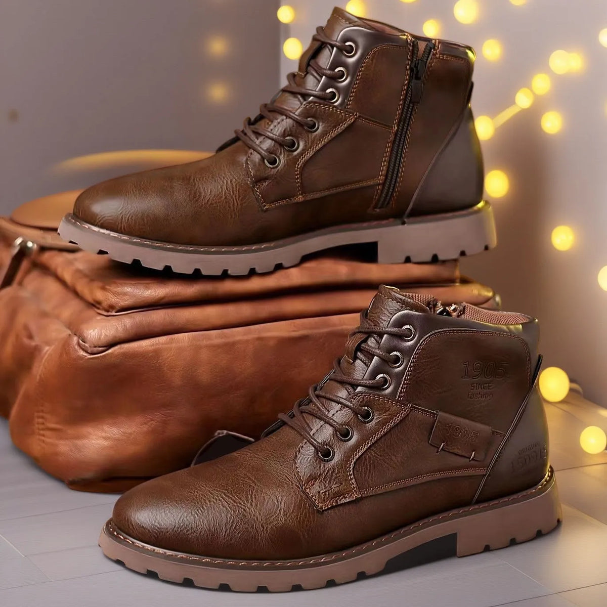 Men's brown side-zip Martin ankle boots with round toe and rubber sole