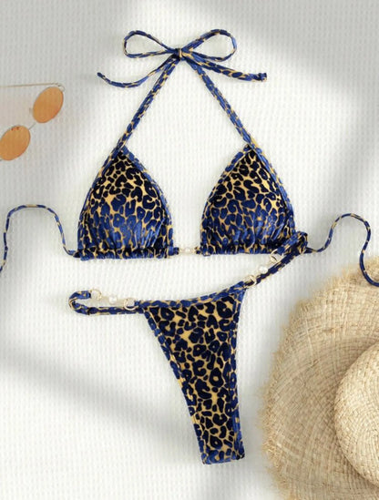 Women's leopard print bikini swimsuit set in various colours including blue and green, shown in triangle and skirt styles.