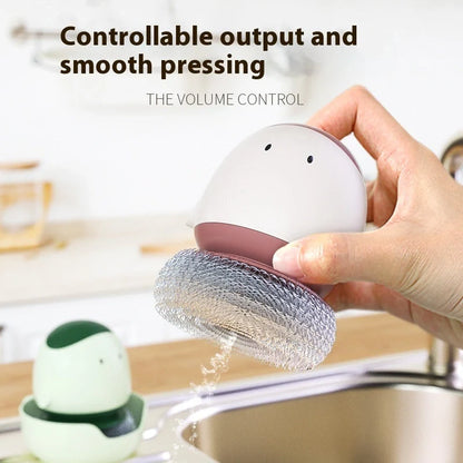 Automatic liquid filling dishwashing brush in cute chicken design with replaceable head