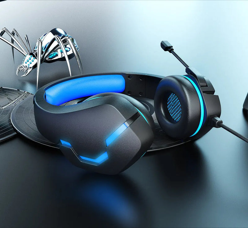 J10 3.5mm Gaming Headset with Mic and LED Lights, Wired Over-Ear Headphones for PC and Laptop with Noise-Cancelling Microphone, Volume Control, Soft PU Earmuffs, Adjustable Headband, Blue or Red