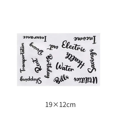 Handwritten label adhesive sticker set showing grid layouts, sticky notes, and A6 rulers on paper