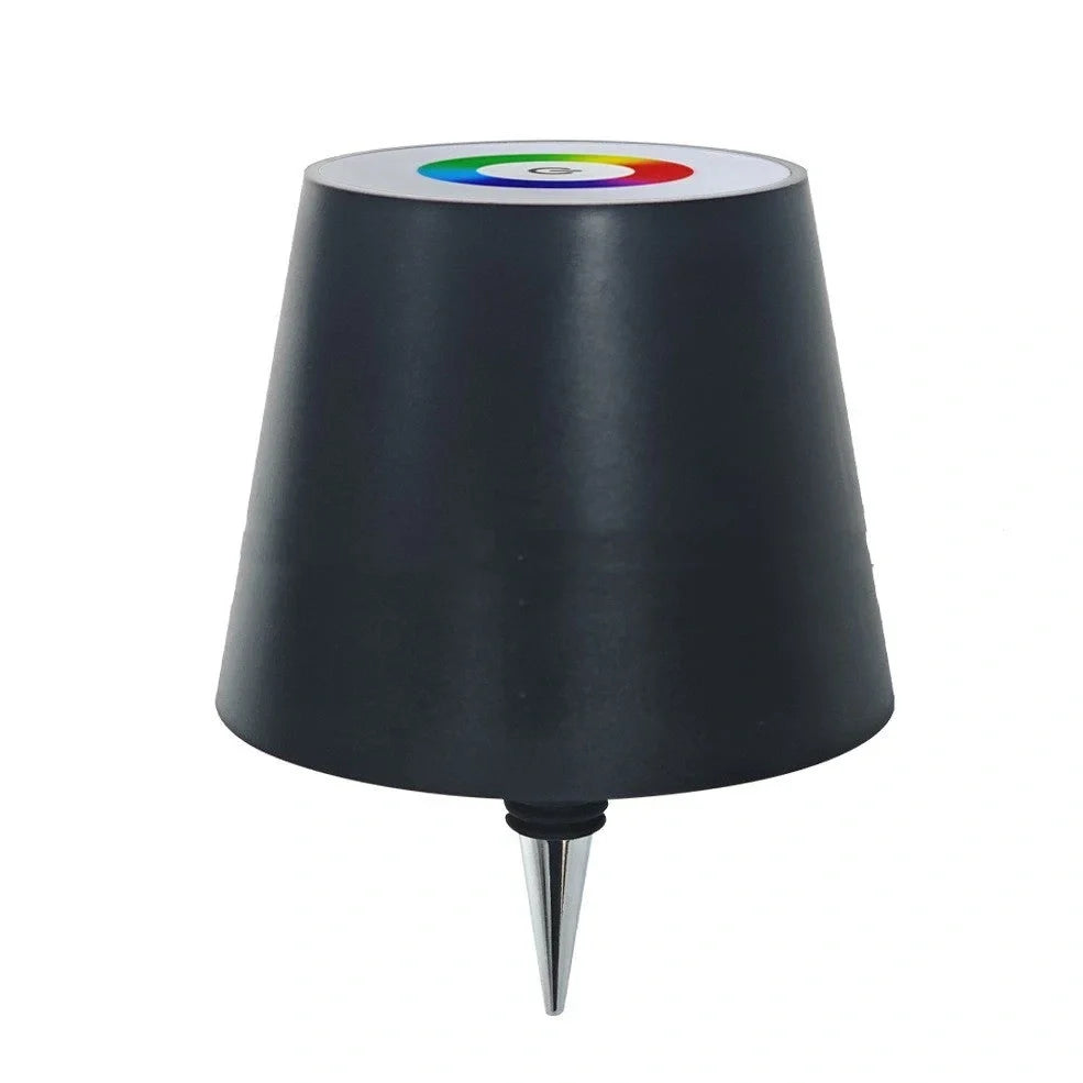 Wireless LED desk lamp in black tricolour finish, bottle-shaped with detachable base and touch control for 2000mAh powered lighting