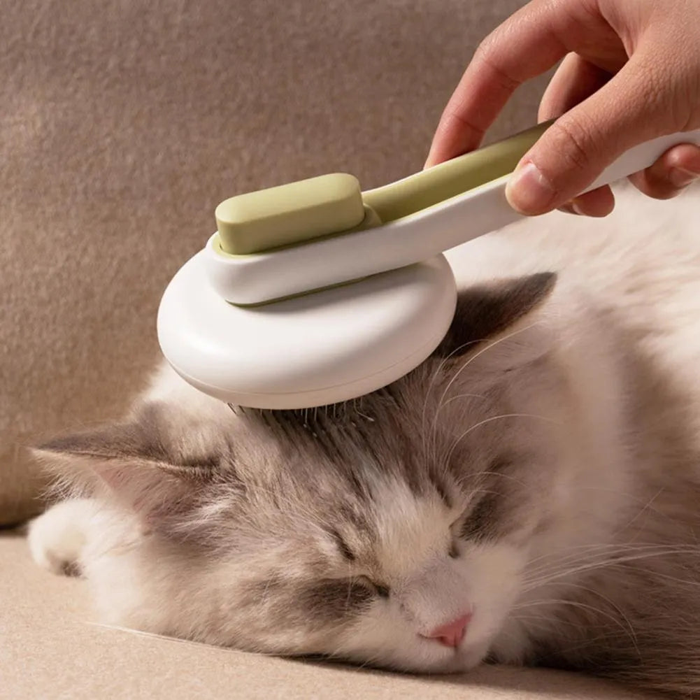 Automatic pet grooming brush with stainless steel teeth and coloured handle showing release button