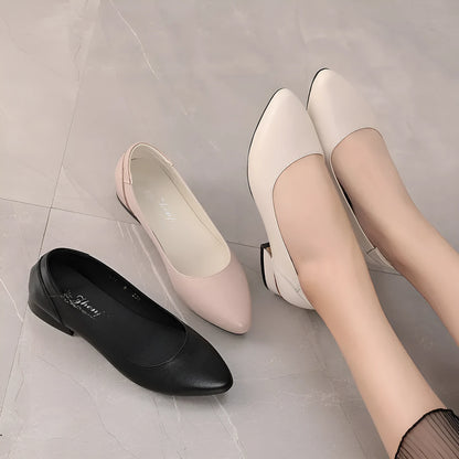 Beige cowhide flat pointed casual low-cut shoes with a buckle fastening and rubber sole