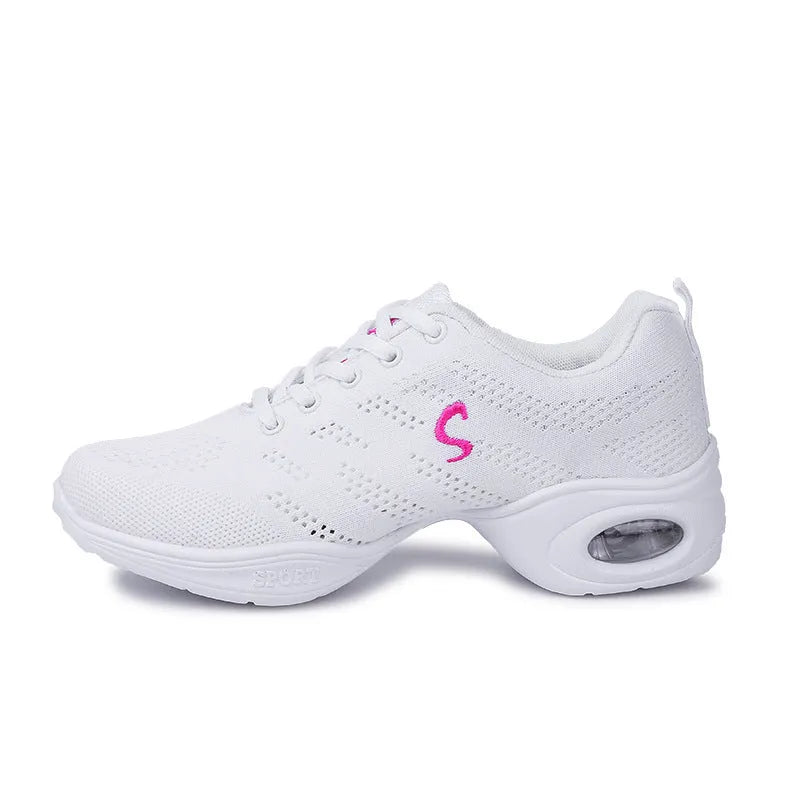 Women's breathable fly woven mesh dancing shoes in a light colour with a soft PU sole.