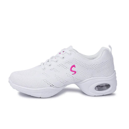 Women's breathable fly woven mesh dancing shoes in a light colour with a soft PU sole.