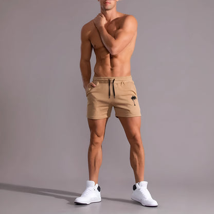 Men's khaki coconut print sports shorts with straight leg and elasticated waistband