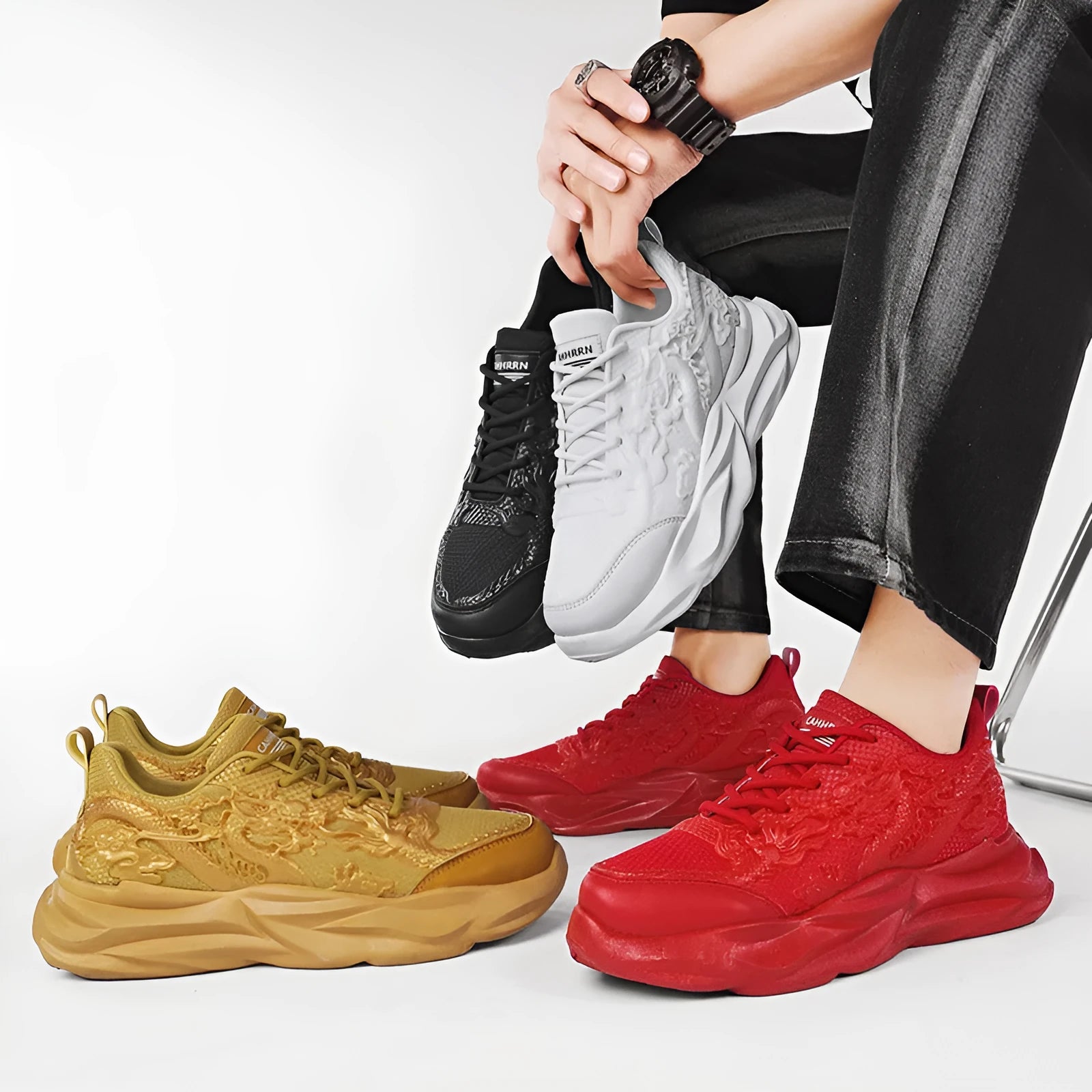 Casual sneakers with Chinese dragon patterns in white jade, golden and dark night designs, rubber soles