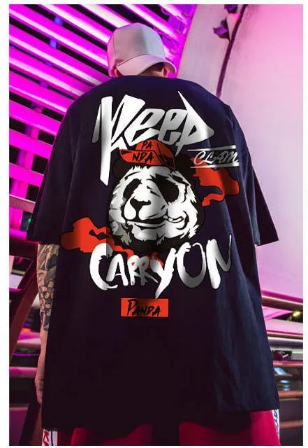 WLS Panda On cotton short sleeve T-shirt with cartoon panda graphic in Korean streetwear style, black and white colour options