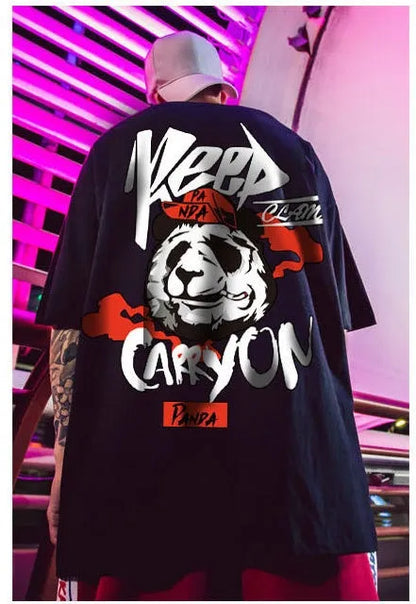 WLS Panda On cotton short sleeve T-shirt with cartoon panda graphic in Korean streetwear style, black and white colour options