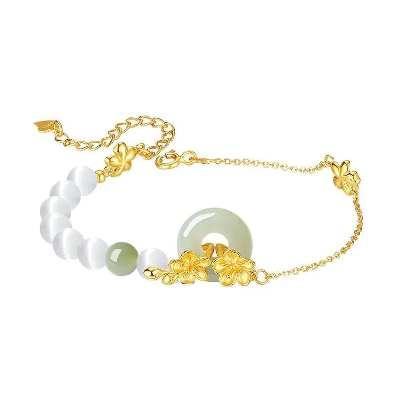 Pure silver peach blossom bracelet with safety buckle closure in new Chinese style design