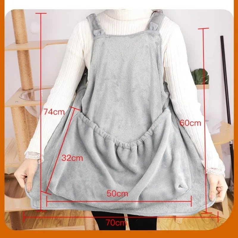 Beige plush pet carrier apron with adjustable neck strap and fresh air opening for small cat or dog