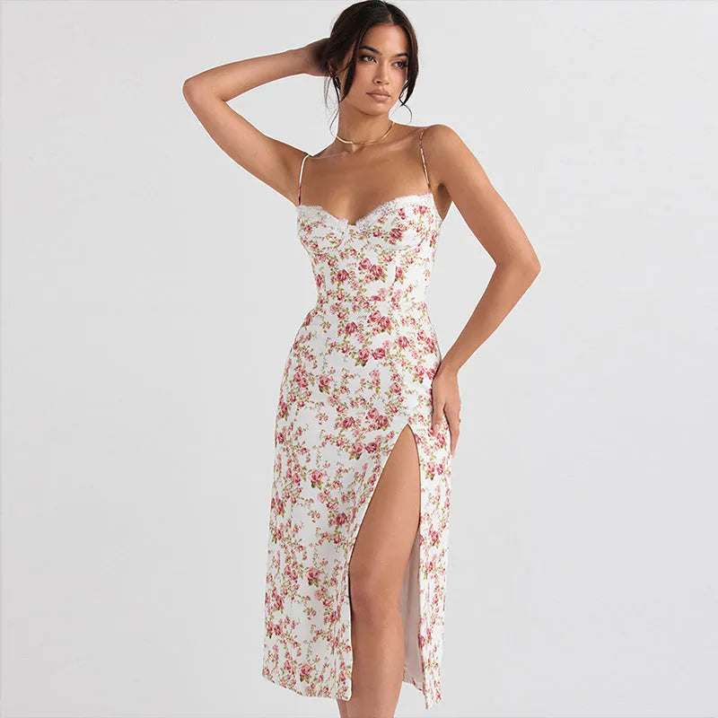 Women's long summer dress with lace flowers print, slit, and suspender straps in polyester fibre