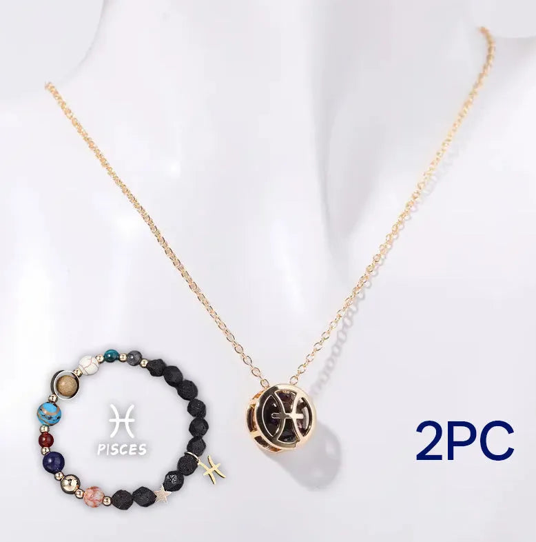 A natural stone beaded necklace and matching bracelet set laid flat, showcasing varied bead colours and textures.