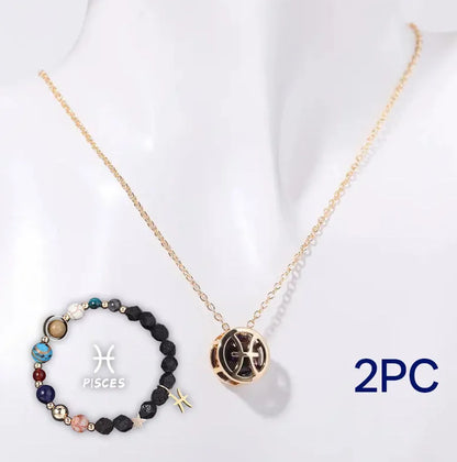 A natural stone beaded necklace and matching bracelet set laid flat, showcasing varied bead colours and textures.