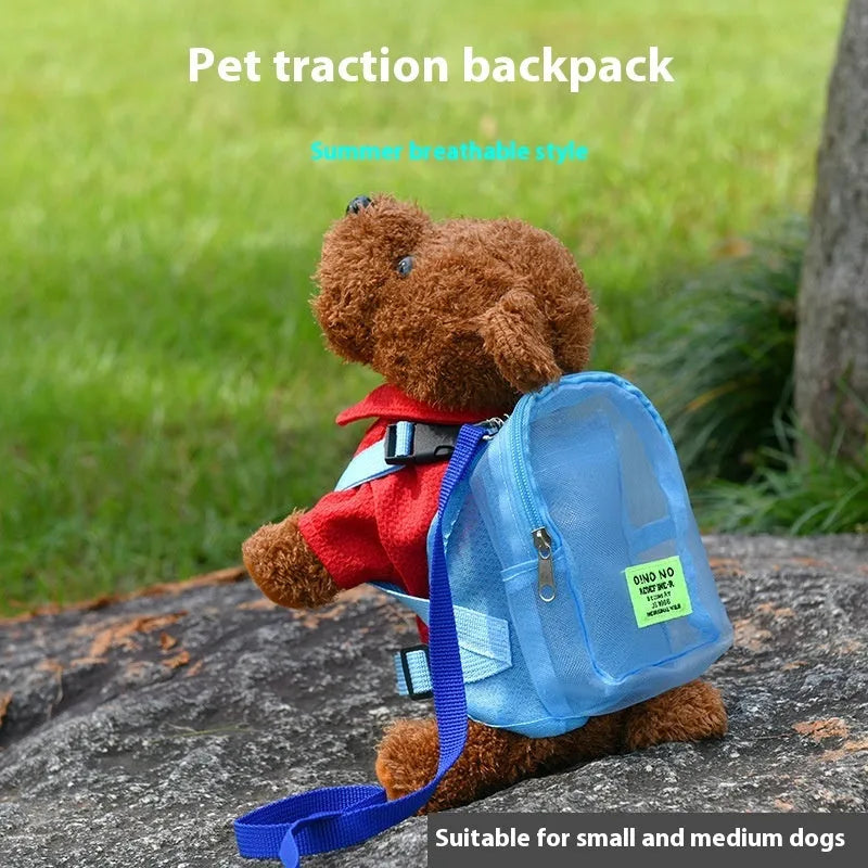 Solid colour dog backpack with breathable mesh panels for pet ventilation.