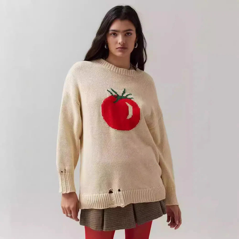 Women's milky white round neck acrylic sweater with Jacquard texture and loose-fitting long sleeves