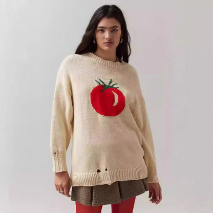 Women's milky white round neck acrylic sweater with Jacquard texture and loose-fitting long sleeves