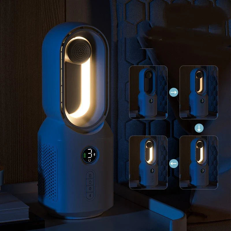 Multifunctional bladeless fan with Bluetooth speaker and LED night light for home decor and cooling comfort