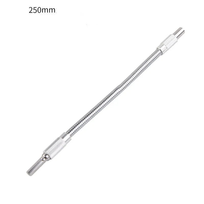 Silver metal flexible shaft extension for cordless drill with 6.35mm shank.