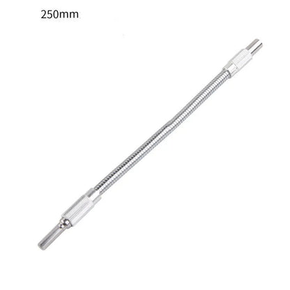 Silver metal flexible shaft extension for cordless drill with 6.35mm shank.