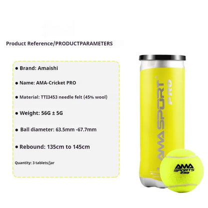 Three high elasticity training tennis balls for cage plate tennis and cricket practice