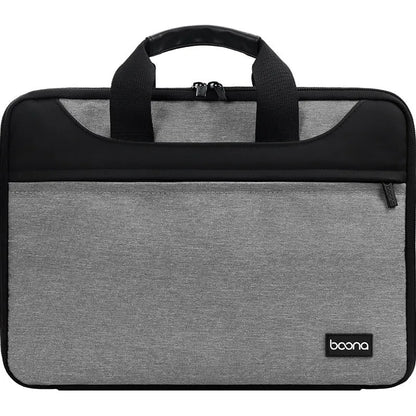 Black Oxford cloth laptop bag fully opened showing main compartment, with soft carry handle.