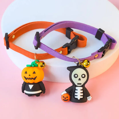 Halloween pet collar with luminous designs in Pumpkin Man, Luminous Brat, and Luminous Skull patterns, adjustable sizes 16-56cm
