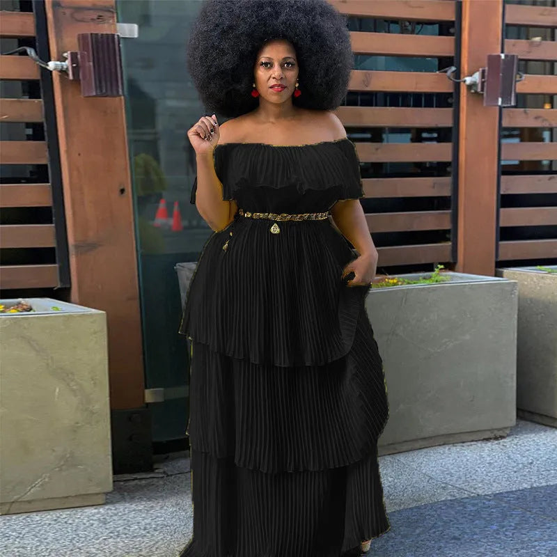 Off-shoulder backless sleeveless pleated maxi dress in yellow red green purple black wine red, sizes S to 4XL