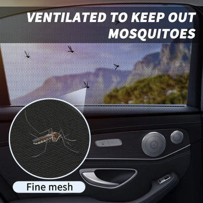 Elastic car side window sunshade made of grey non-woven mesh, stretched over a car window frame.