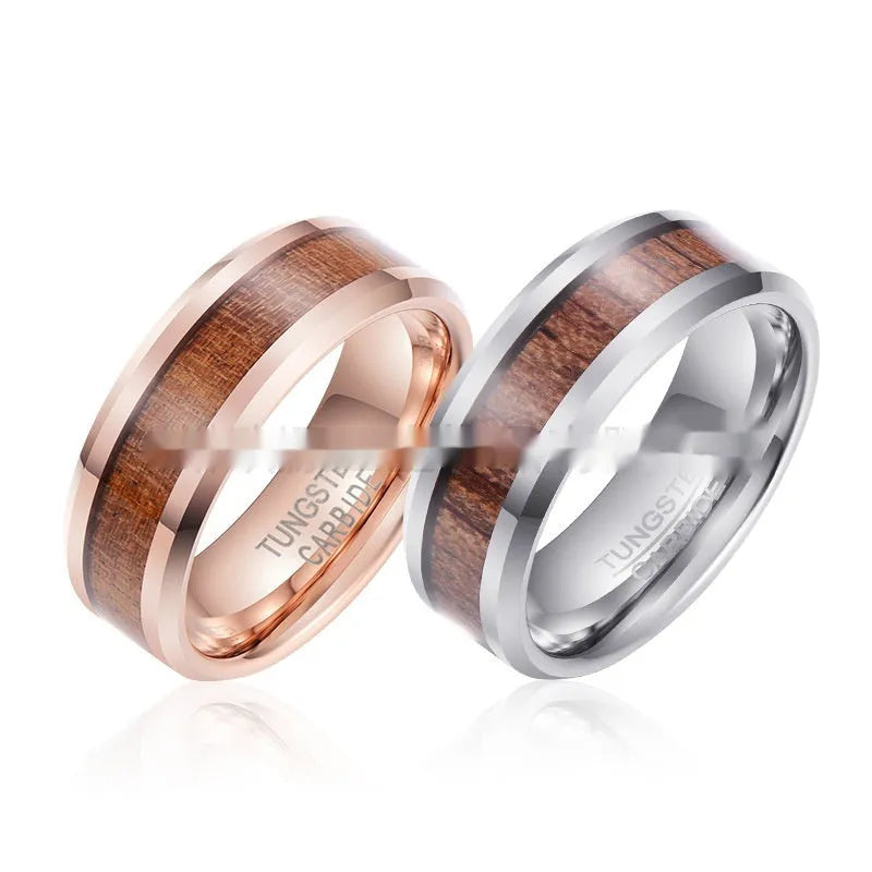 Men's tungsten ring with wood and leather inlay on a U-shaped 8mm wide band.