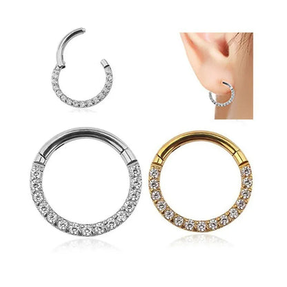 A seamless round hoop nose ring in stainless steel, shown alongside gold and rose gold colour options.