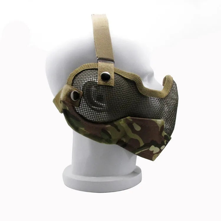 Carbon steel net protective face mask in camouflage pattern for outdoor field use.