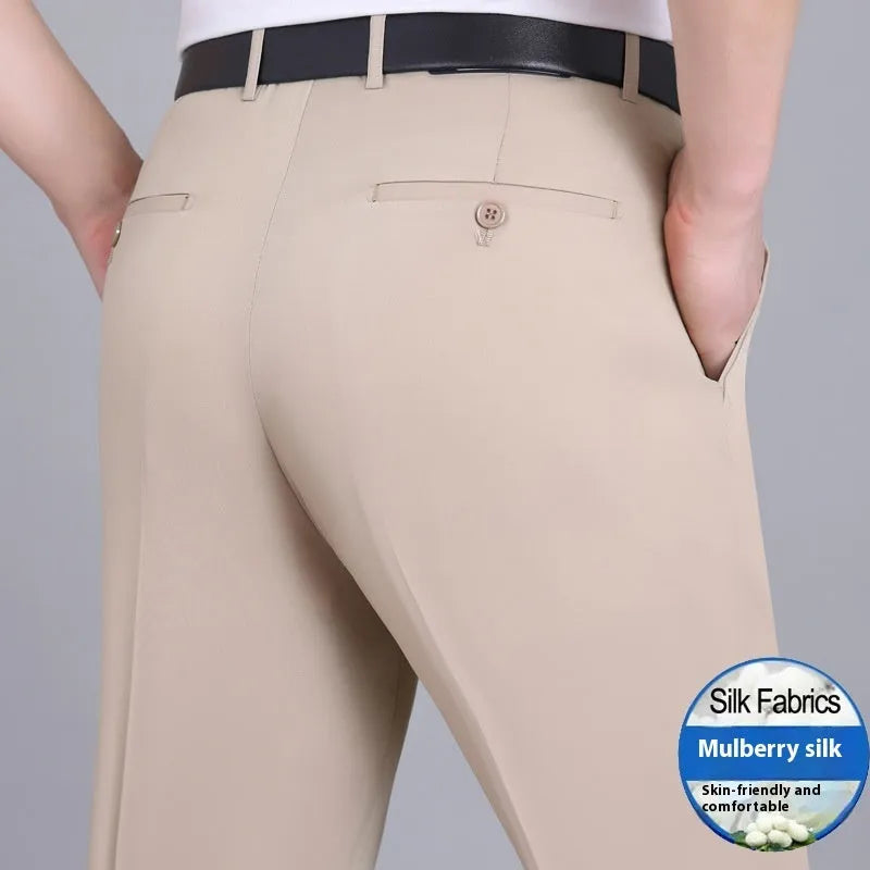 Men's straight-leg business trousers in a mulberry silk and chemical fibre blend, featuring a high waist cut and non-iron properties for a sharp, low-maintenance professional look.