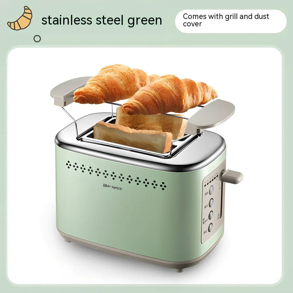 Morning mist green teddy bear toaster with compact 285x160x185mm dimensions and 2-slice capacity