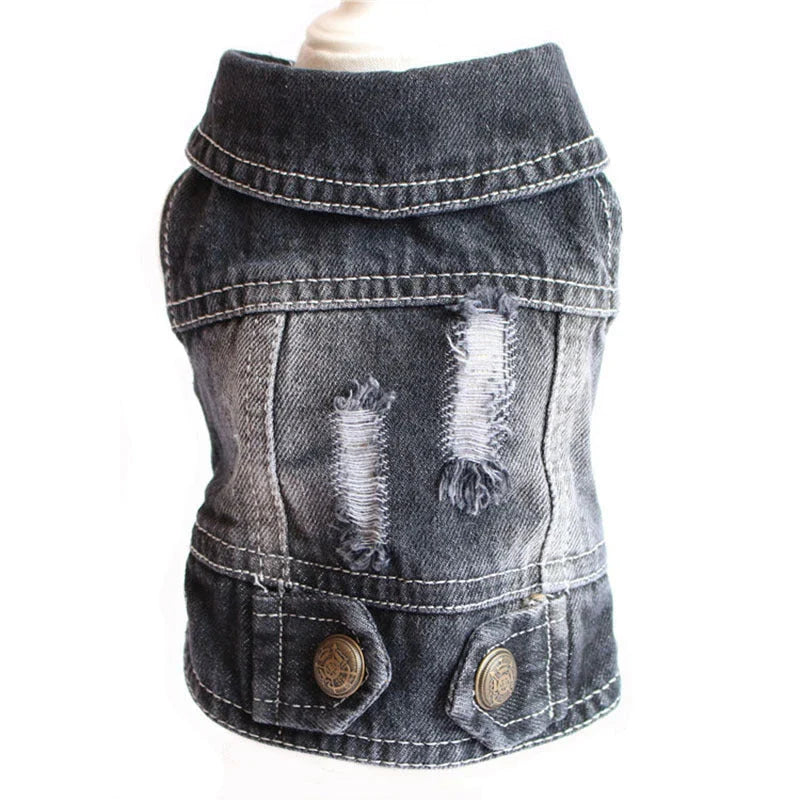 Stylish denim dog jacket with customizable color, pattern, and size options