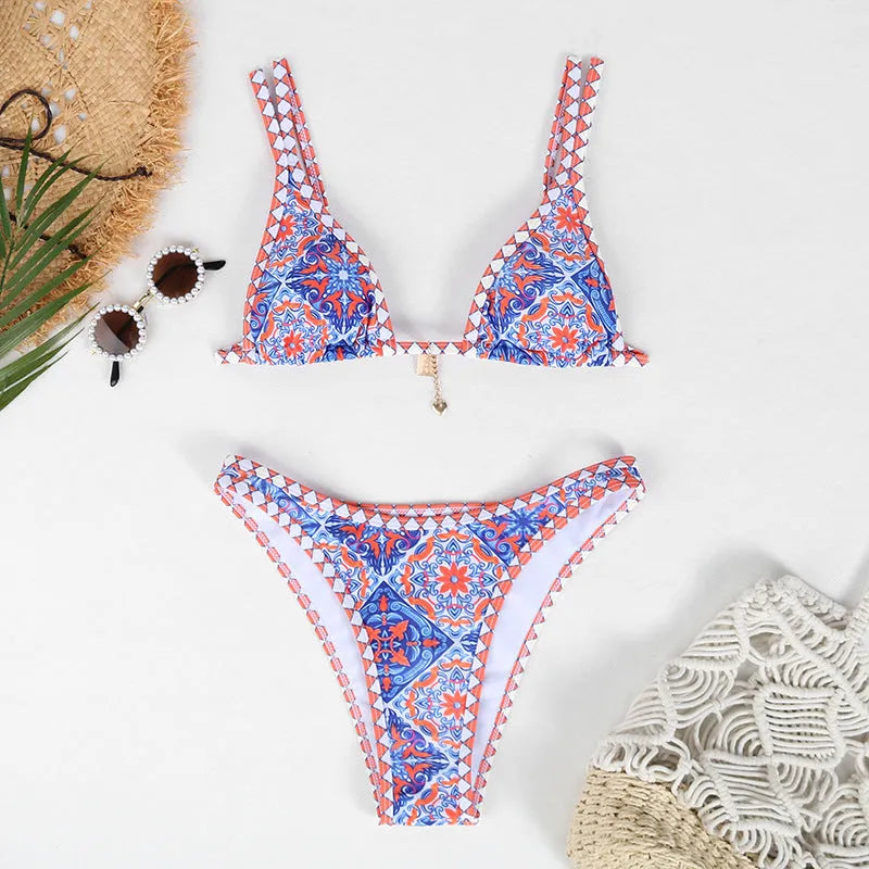 Retro 4-colour printed women's bikini swimwear set with European-American pattern style