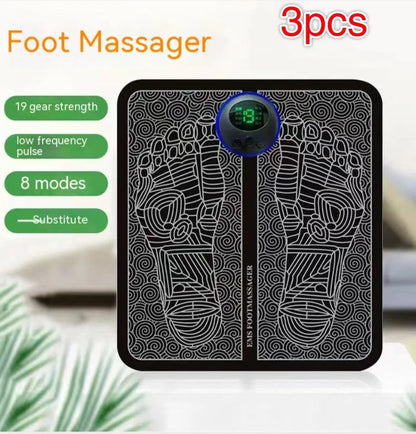 Portable EMS foot massager pad showing remote control and foldable 32.5x29.5cm design