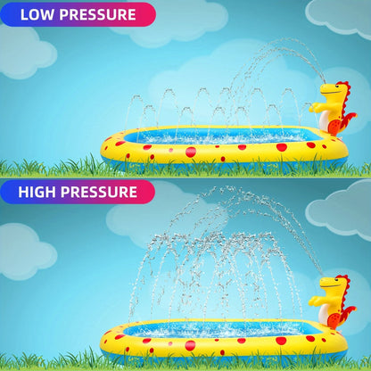 Blue inflatable dinosaur-shaped water spray pool for kids outdoor play