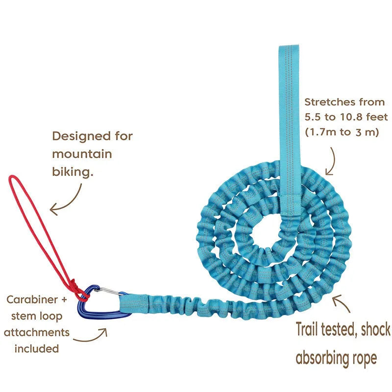 Bicycle hand holding rope with metal carabiner clips for parent-child bike towing in four colours.