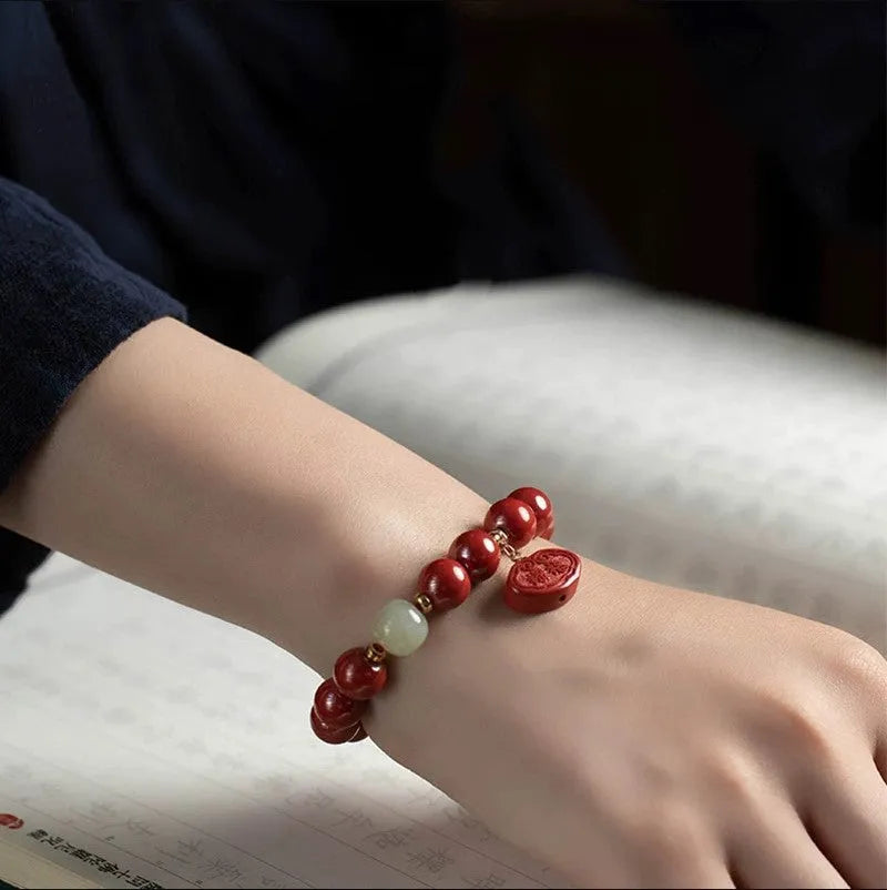 Natural high-content cinnabar bracelet for birth year, featuring an emperor sandstone Ping An Fu Lu design in 8mm or 10mm bead sizes for men and fashion OL style