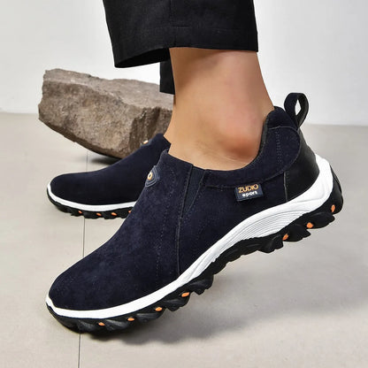 Men's grey round toe slip-on shoes with a shallow mouth on a rubber sole.