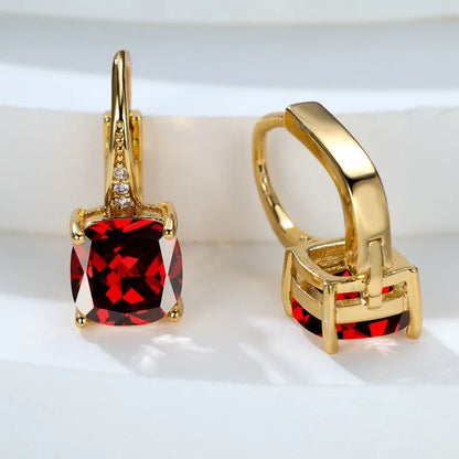 Square zircon inlaid geometric ear hooks in Korean style with electroplated finish