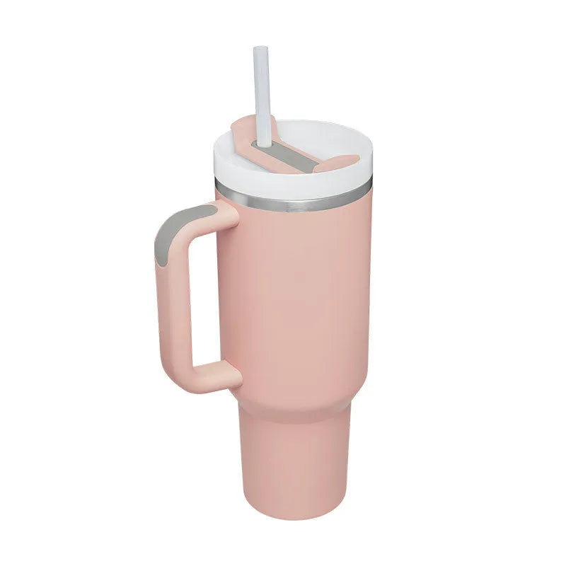 40oz stainless steel tumbler with handle and straw in various colour options showing tapered shape and spill-proof lid