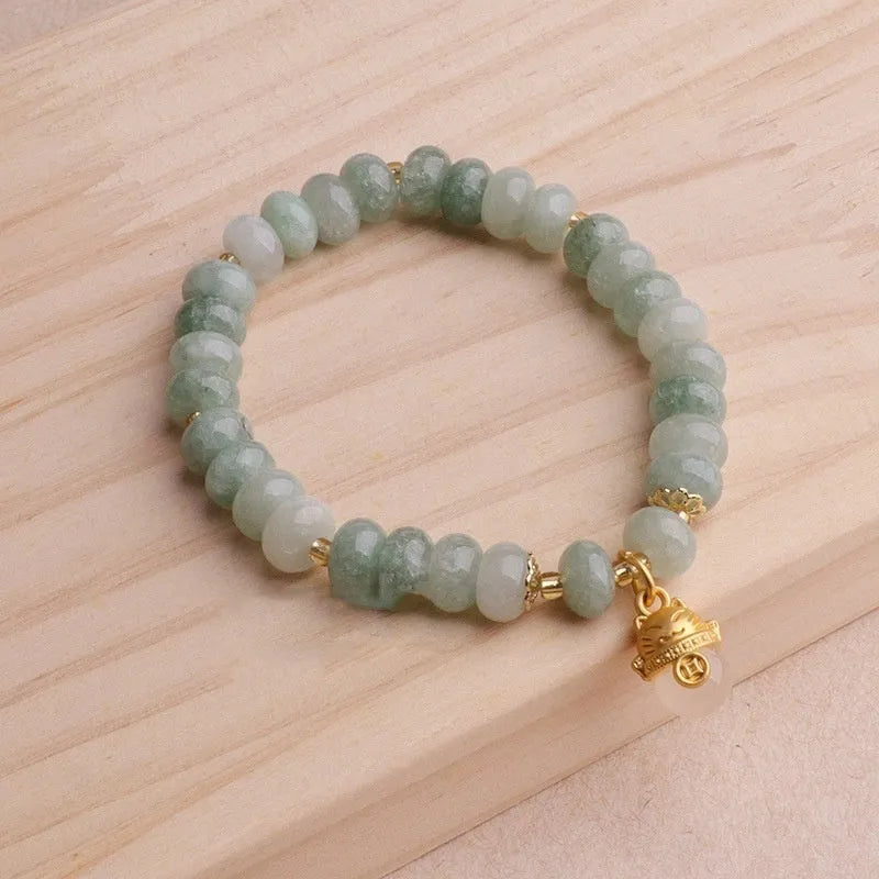 Handmade retro bracelet with lucky cat charm in strawberry quartz or grey jade